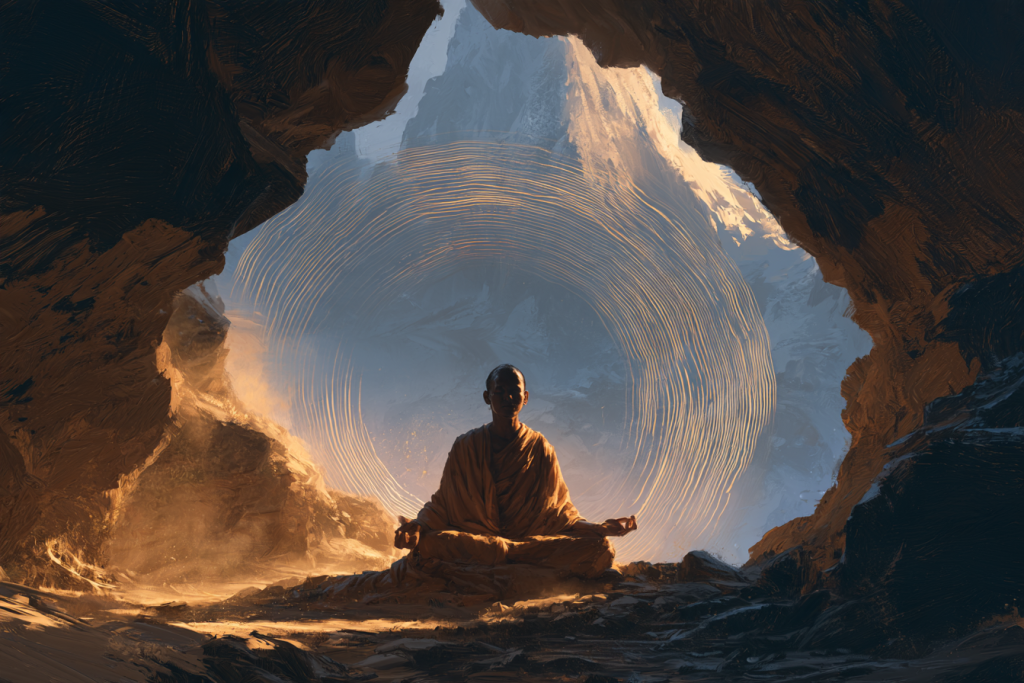 mantra yoga- Antico rishi in meditazione davanti a una grotta himalayana: le origini dei mantra yoga nella tradizione vedica