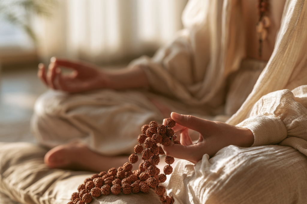 mantra yoga -Mani che fanno scorrere i 108 grani di una mala durante la recitazione di un mantra (japa)”