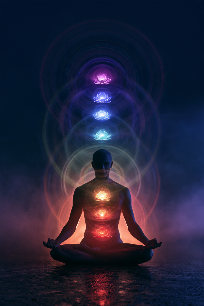 mantra yoga- “I sette chakra come fiori di loto luminosi lungo la colonna, associati ai Bija Mantra”