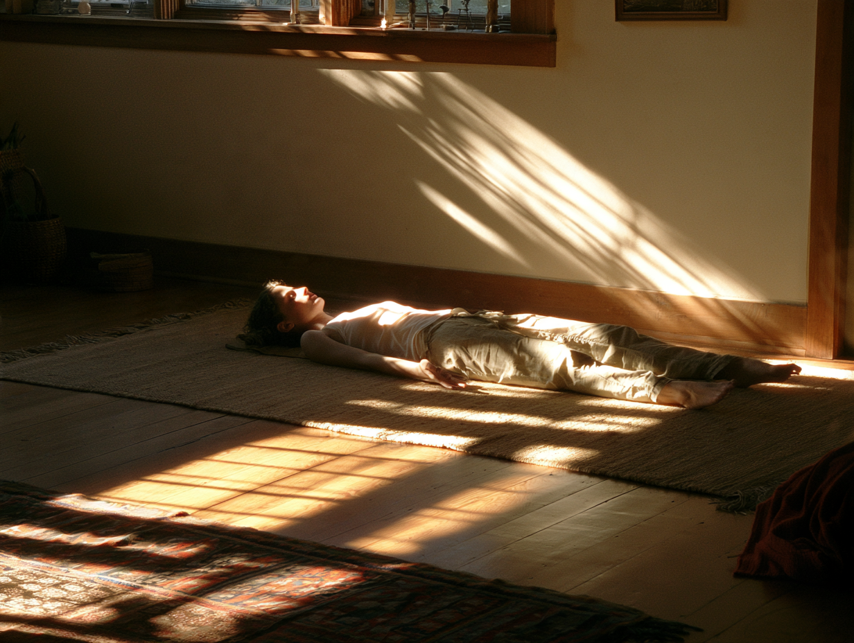 Body scan:Donna distesa al mattino durante una pratica di body scan mindfulness in una stanza luminosa