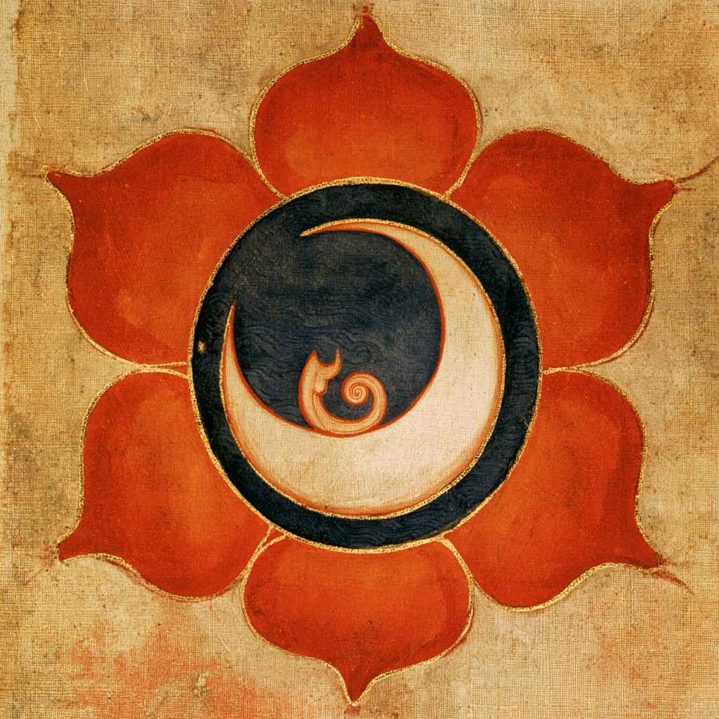 SECONDO CHAKRA -Simbolo del secondo chakra Svadhisthana: loto arancione a sei petali con falce di luna bianca e Makara